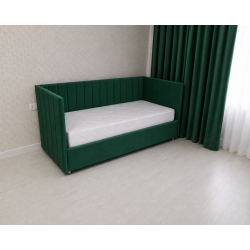 Pat pentru copii Box Line tapițat pe trei laturi verde smarald A-56